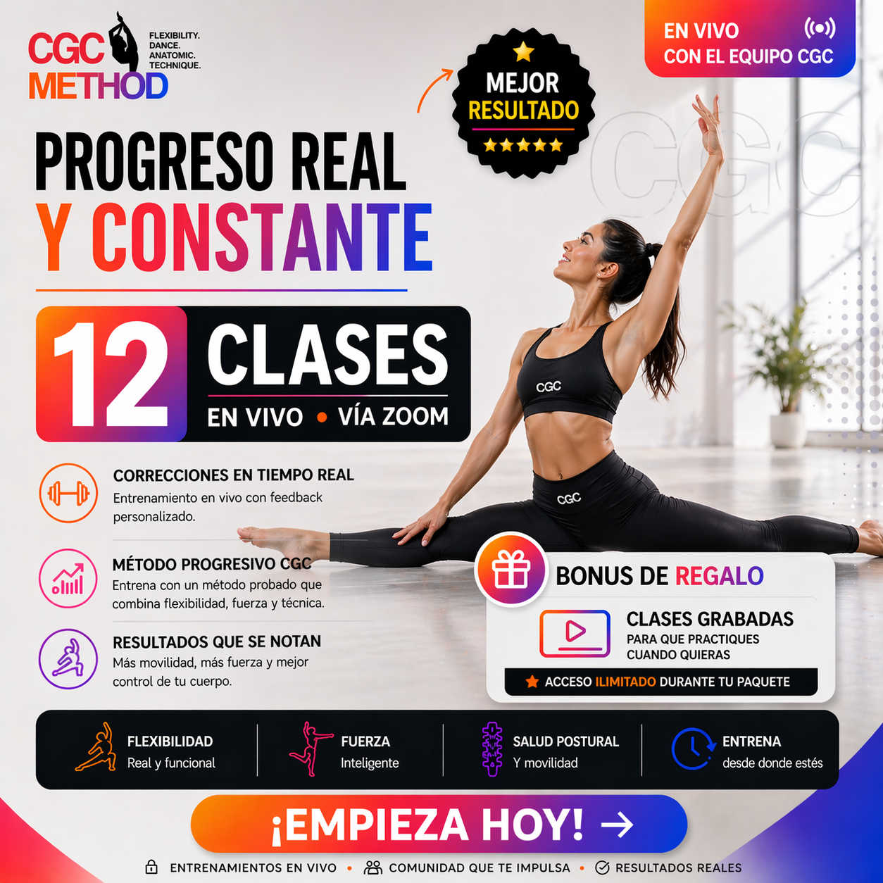 12 clases grupales en vivo – Progreso real y constante